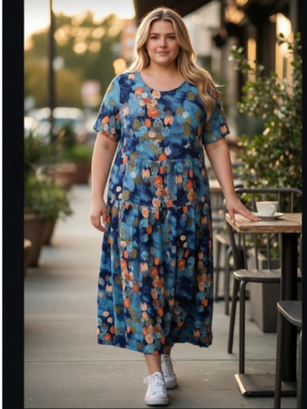 Plus-Size Blue Floral Tiered Midi Dress FREE Earrings